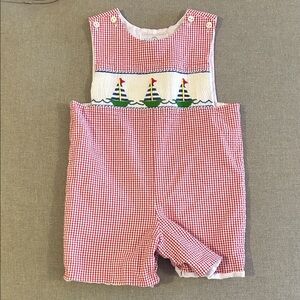 Red Gingham Baby Romper Shortall Jon Jon with Sailboat Smocked Design